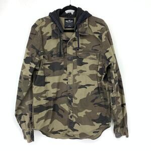 Hollister Button Front Shirt Jacket Mens Sz Large Camo Print Hooded Long Sleeve
